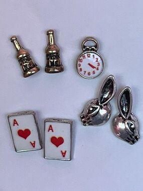 Alice in Wonderland Enamel & Metal Earring Set - Rabbit, Cards, Clock, Bottles